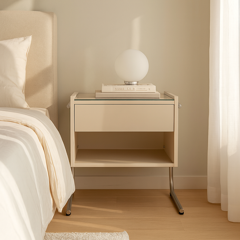 Contemporary Industrial Stainless Steel Bedside Table - 1 Drawer Open Shelf Nightstand For Bedroom