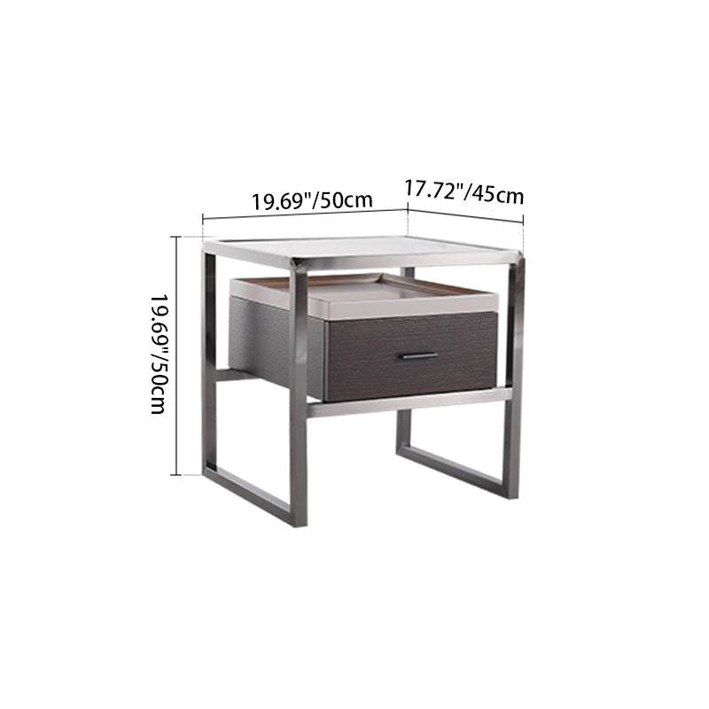 Contemporary Creative Square Stainless Steel Frame Bedside Table - 1 Drawer Nightstand For Bedroom