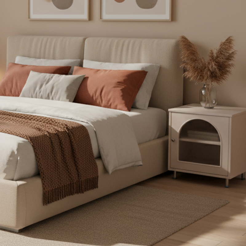 Contemporary Scandinavian Ribbed Glass Door Bedside Table - Semi-Transparent Nightstand For Bedroom