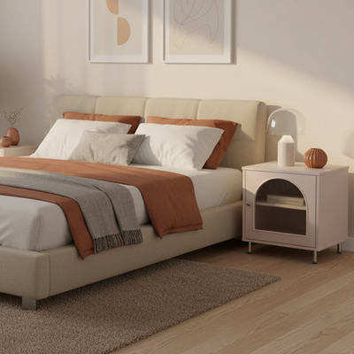 Contemporary Scandinavian Ribbed Glass Door Bedside Table - Semi-Transparent Nightstand For Bedroom