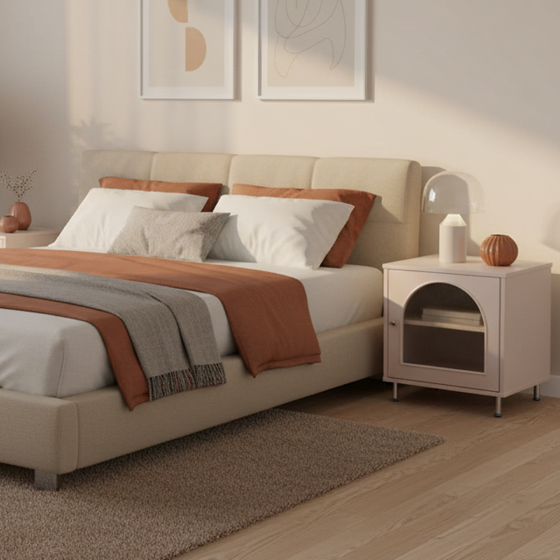 Contemporary Scandinavian Ribbed Glass Door Bedside Table - Semi-Transparent Nightstand For Bedroom