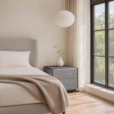 Contemporary Nordic High Gloss Bedside Table - Rounded Corners 2 Drawers Nightstand For Bedroom