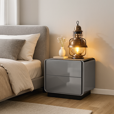 Contemporary Nordic High Gloss Bedside Table - Rounded Corners 2 Drawers Nightstand For Bedroom