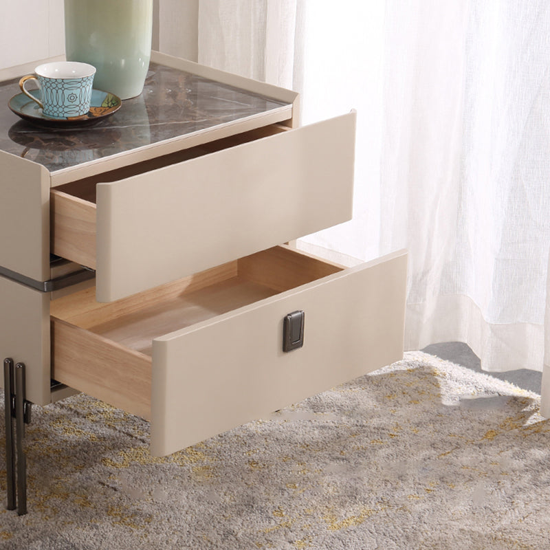 Contemporary Nordic Sintered Stone Bedside Table - 2 Drawers Alloy Legs Nightstand For Bedroom