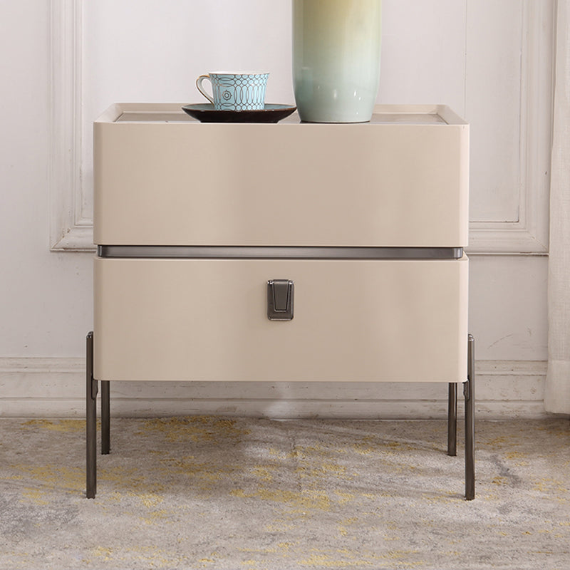 Contemporary Nordic Sintered Stone Bedside Table - 2 Drawers Alloy Legs Nightstand For Bedroom
