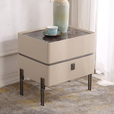 Contemporary Nordic Sintered Stone Bedside Table - 2 Drawers Alloy Legs Nightstand For Bedroom