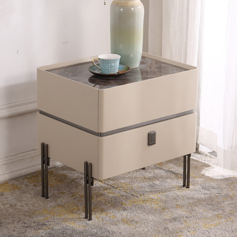 Contemporary Nordic Sintered Stone Bedside Table - 2 Drawers Alloy Legs Nightstand For Bedroom