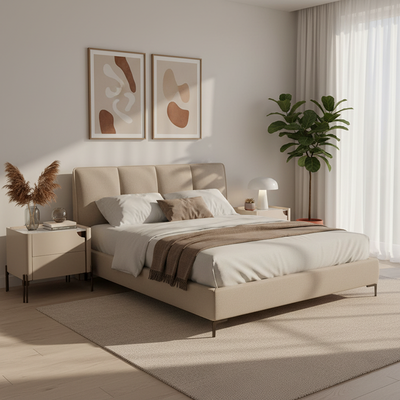 Contemporary Scandinavian Hidden Handle Asymmetry Bedside Table - 2 Drawers Titanium Alloy Base Nightstand For Bedroom