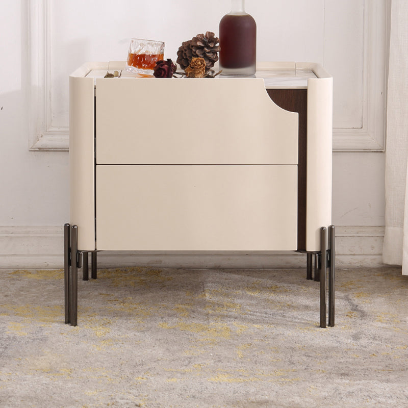 Contemporary Scandinavian Hidden Handle Asymmetry Bedside Table - 2 Drawers Titanium Alloy Base Nightstand For Bedroom