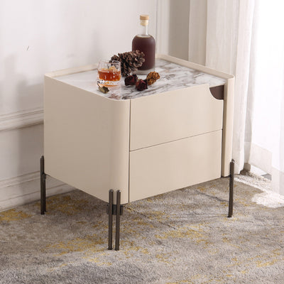 Contemporary Scandinavian Hidden Handle Asymmetry Bedside Table - 2 Drawers Titanium Alloy Base Nightstand For Bedroom