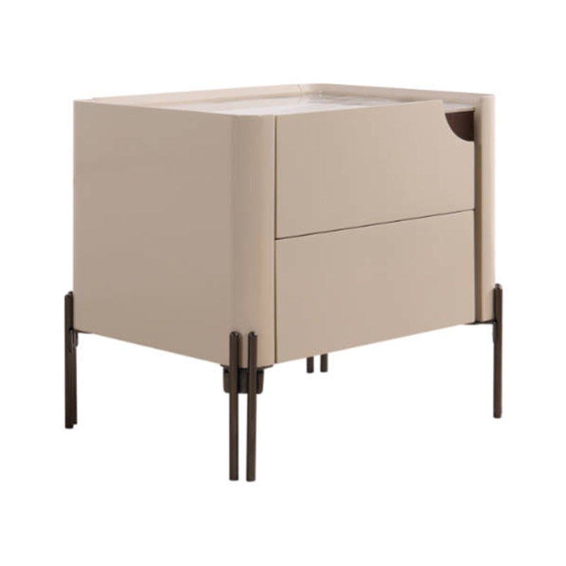 Contemporary Scandinavian Hidden Handle Asymmetry Bedside Table - 2 Drawers Titanium Alloy Base Nightstand For Bedroom