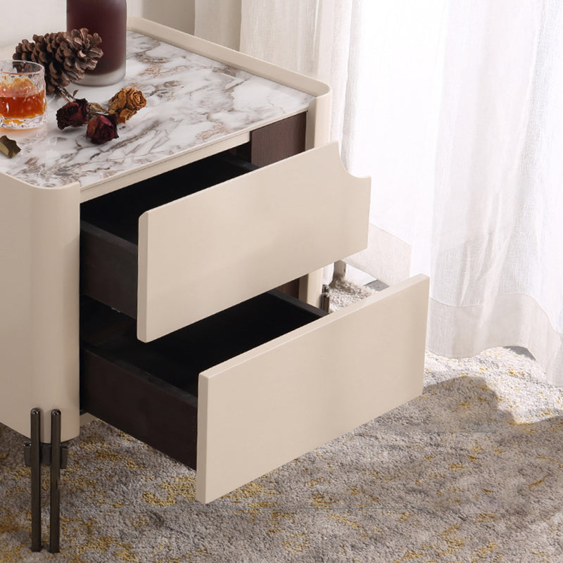 Contemporary Scandinavian Hidden Handle Asymmetry Bedside Table - 2 Drawers Titanium Alloy Base Nightstand For Bedroom