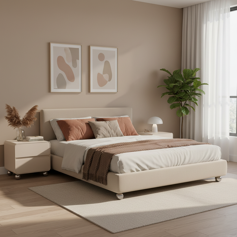 Contemporary Nordic Soft-Edge Curves Bedside Table - 2 Drawers Metal Ball Legs Nightstand For Bedroom