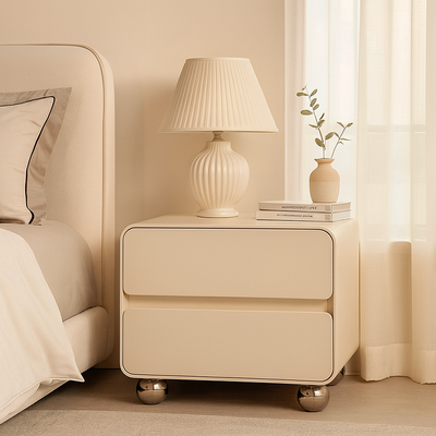 Contemporary Nordic Soft-Edge Curves Bedside Table - 2 Drawers Metal Ball Legs Nightstand For Bedroom