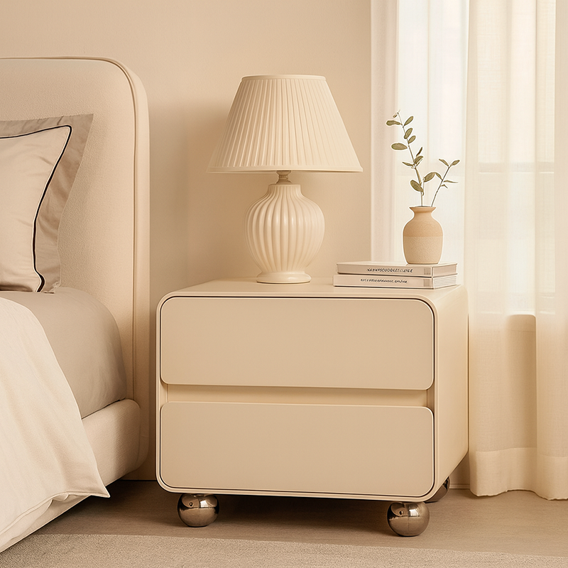 Contemporary Nordic Soft-Edge Curves Bedside Table - 2 Drawers Metal Ball Legs Nightstand For Bedroom