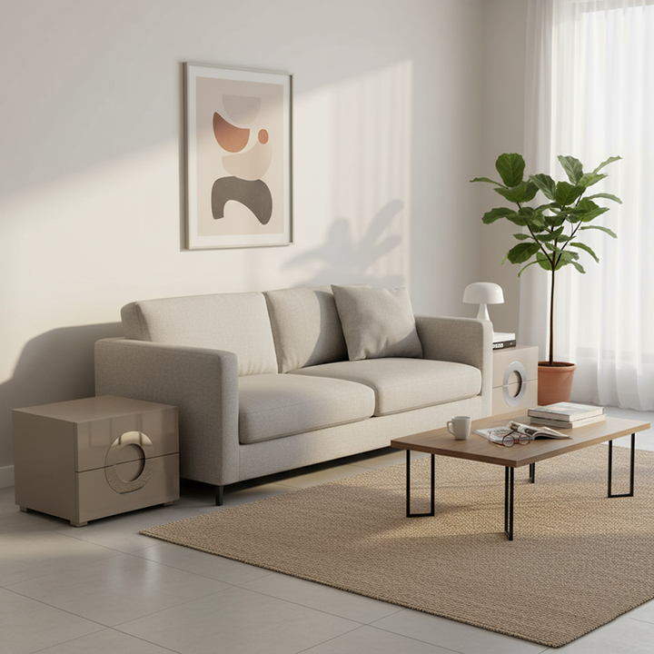Moderner minimalistischer Nachttisch mit rundem Griff - Öko-MDF 2 Schubladen Nachttisch für das Schlafzimmer 