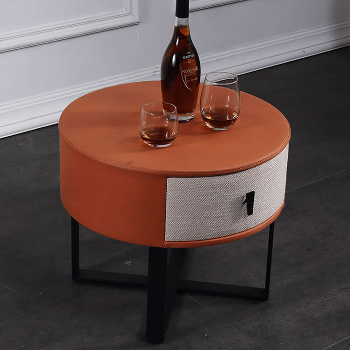 Zeitgenössischer kreativer runder Nachttisch mit 1 Schublade - Nachttisch mit Kunstleder-Metallbeinen für das Schlafzimmer 