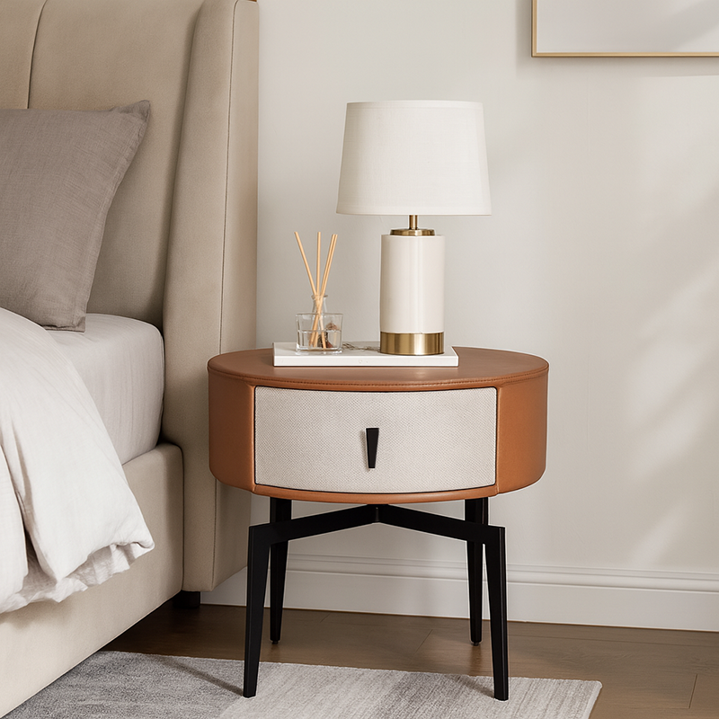 Contemporary Round Accent Bedside Cabinet - Metal Legs 1 Drawer Nightstand For Bedroom