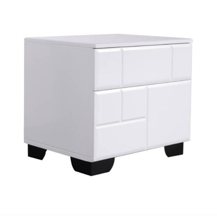 Table de chevet blanche moderne minimaliste à finition brillante - table de nuit à 2 tiroirs avec texture géométrique pour chambre à coucher 