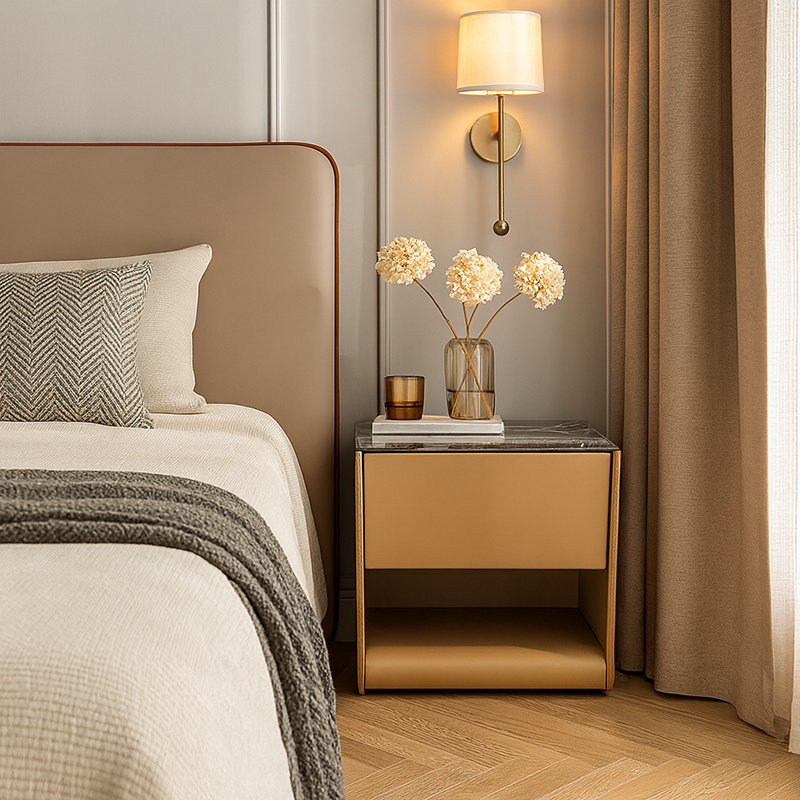 Modern Luxury Curved Micro-Crystal Stone Top Bedside Table - 1 Drawer Open Shelf Nightstand For Bedroom