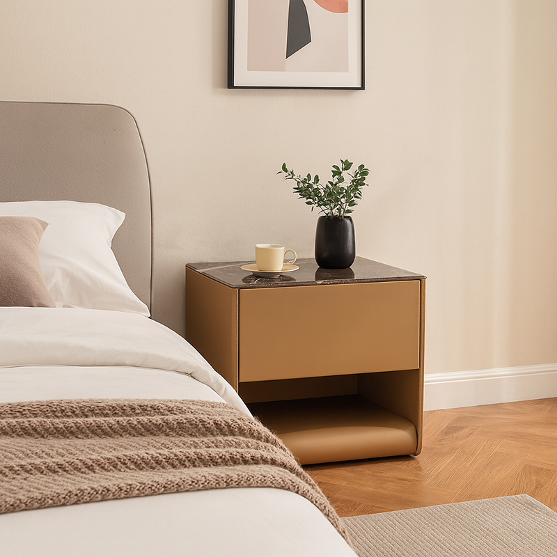 Modern Luxury Curved Micro-Crystal Stone Top Bedside Table - 1 Drawer Open Shelf Nightstand For Bedroom