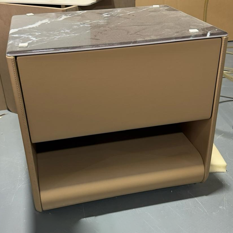 Modern Luxury Curved Micro-Crystal Stone Top Bedside Table - 1 Drawer Open Shelf Nightstand For Bedroom