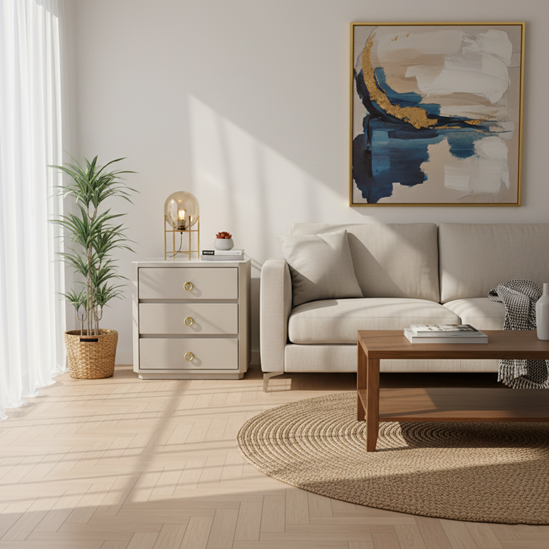 Table de chevet moderne de luxe en similicuir avec poignées anneau dorées - table de nuit carrée à 3 tiroirs pour chambre à coucher 