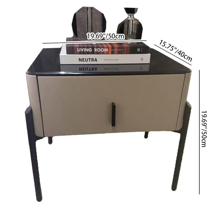 Moderner Nachttisch mit schlanken Metallbeinen und Glastischplatte - Quadratischer Nachttisch mit 1 Schublade für das Schlafzimmer 