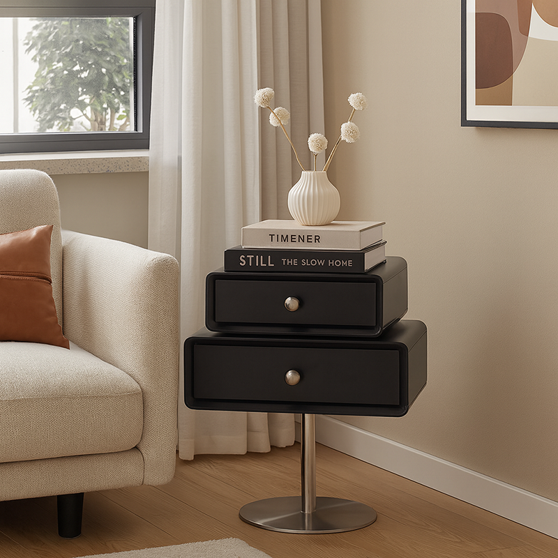 Contemporary Swivel Solid Wood Bedside Table - Artistic Square 2 Drawer Nightstand For Bedroom