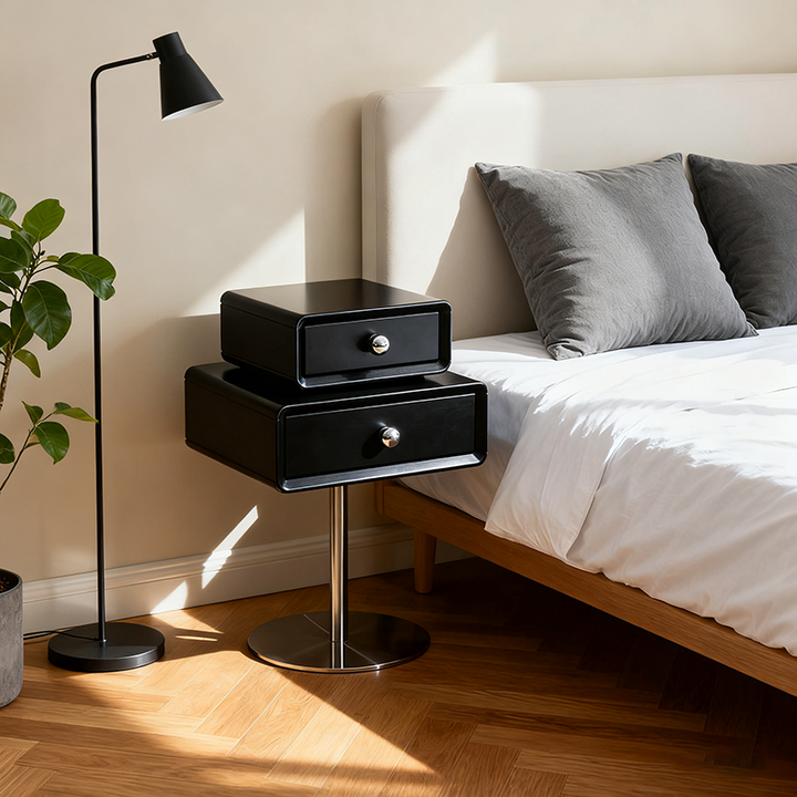 Zeitgenössischer drehbarer Nachttisch aus Massivholz - Künstlerischer quadratischer 2-Schubladen-Nachttisch für das Schlafzimmer 