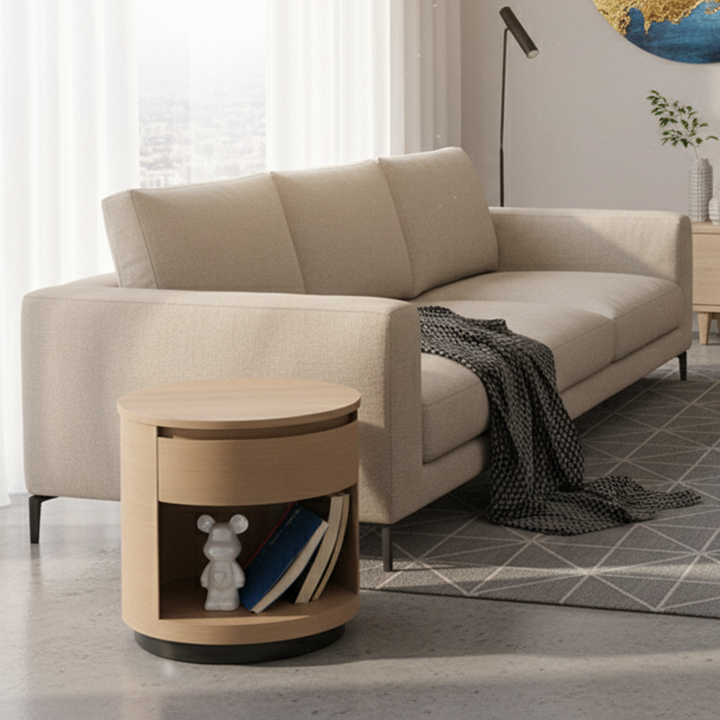 Contemporary Scandinavian Round Curved Bedside Table - Multilayer Board 1 Drawer Nightstand For Bedroom