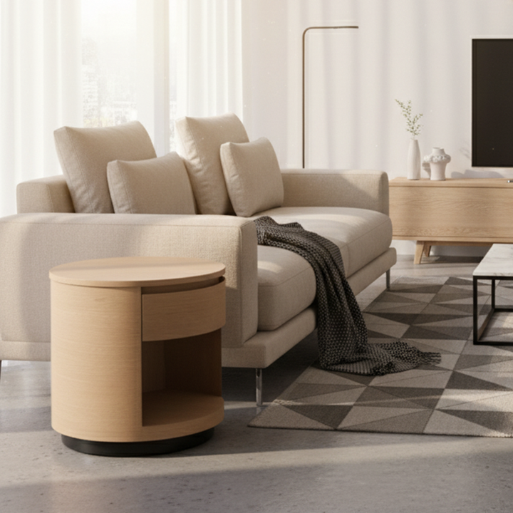 Contemporary Scandinavian Round Curved Bedside Table - Multilayer Board 1 Drawer Nightstand For Bedroom