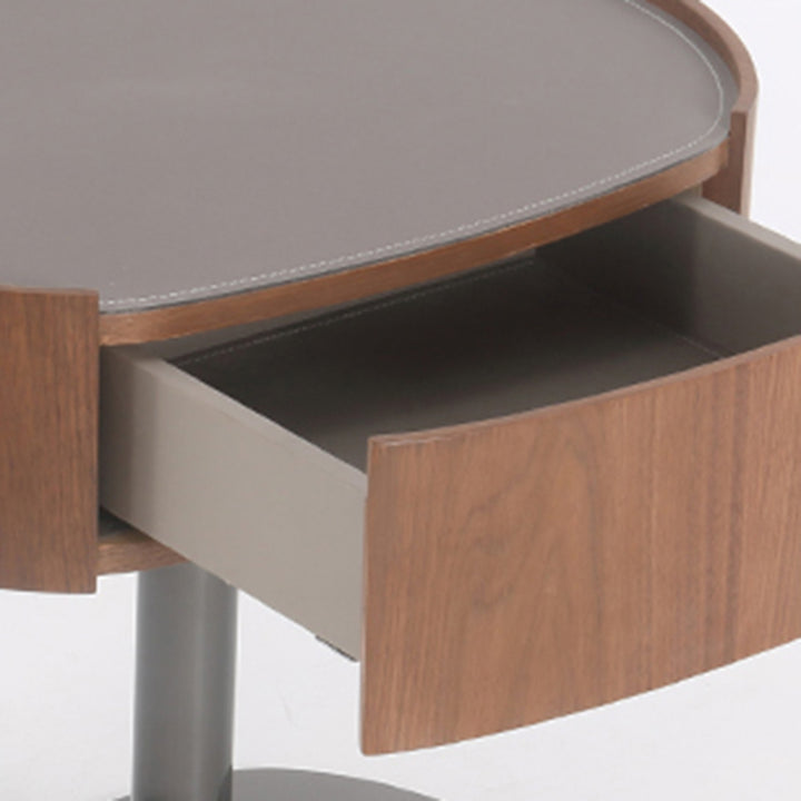 Traditional French Walnut Oval Bedside Table - Saddle-Style Faux Leather Surface 1 Drawer Nightstand For Bedroom