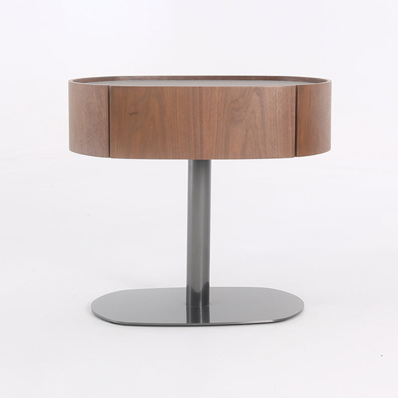 Traditional French Walnut Oval Bedside Table - Saddle-Style Faux Leather Surface 1 Drawer Nightstand For Bedroom