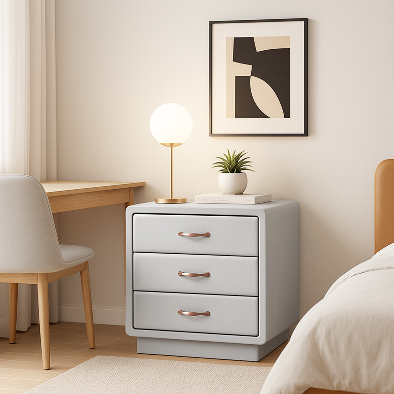 Cabinet de chevet moderne en faux cuir ivoire doux - table de nuit avec poignées en métal doré et 3 tiroirs pour chambre à coucher 