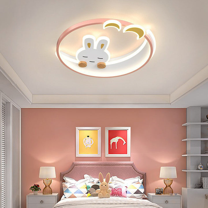 Contemporary Creative Cute Rabbit Iron Round LED Flush Mount Ceiling Light For Bedroom