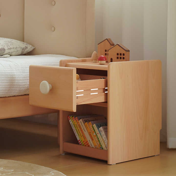 Mesita de noche infantil ecológica - Mesilla de noche tradicional japonesa de madera de haya con almacenamiento multicapa y 1 cajón para dormitorio 