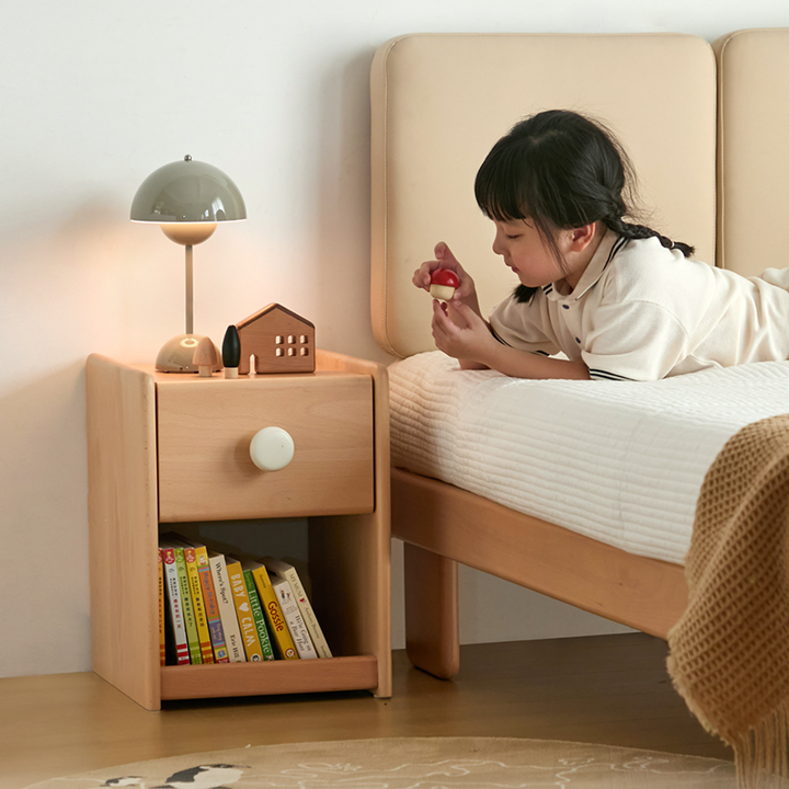 Mesita de noche infantil ecológica - Mesilla de noche tradicional japonesa de madera de haya con almacenamiento multicapa y 1 cajón para dormitorio 