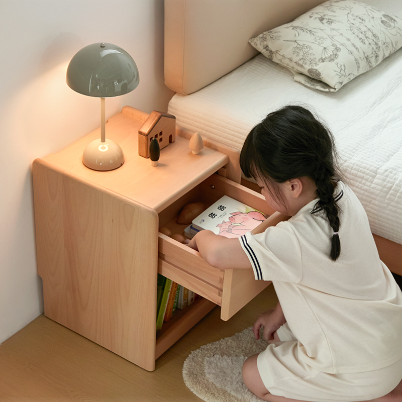 Mesita de noche infantil ecológica - Mesilla de noche tradicional japonesa de madera de haya con almacenamiento multicapa y 1 cajón para dormitorio 