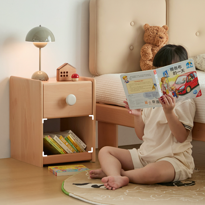 Mesita de noche infantil ecológica - Mesilla de noche tradicional japonesa de madera de haya con almacenamiento multicapa y 1 cajón para dormitorio 