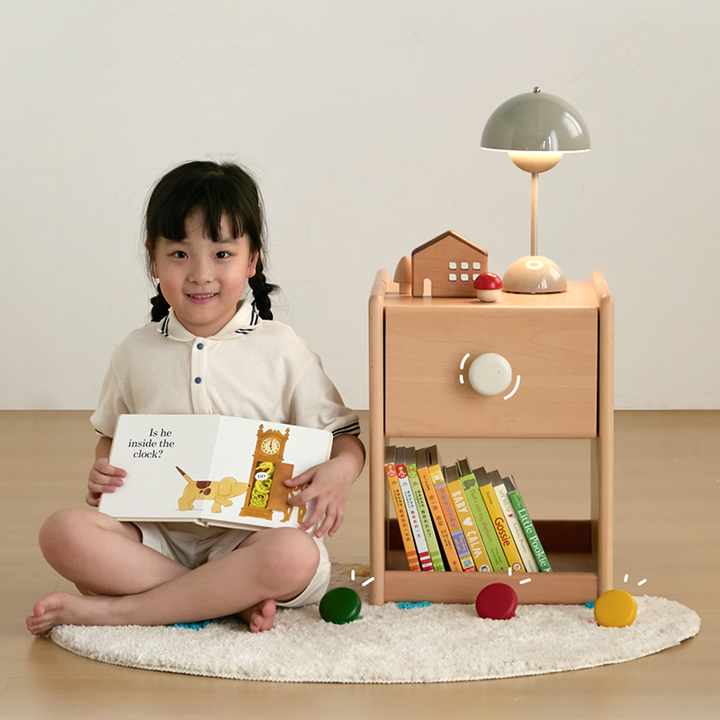 Mesita de noche infantil ecológica - Mesilla de noche tradicional japonesa de madera de haya con almacenamiento multicapa y 1 cajón para dormitorio 