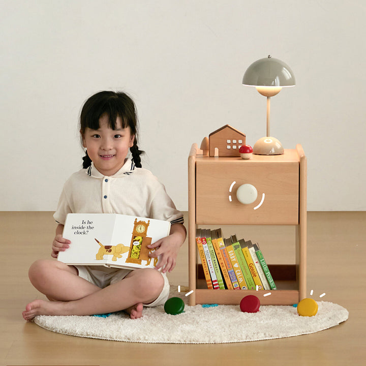Eco-Friendly Kids Bedside Table - Traditional Japanese Beech Wood Multi-Layer Storage Nightstand 1-Drawer For Bedroom