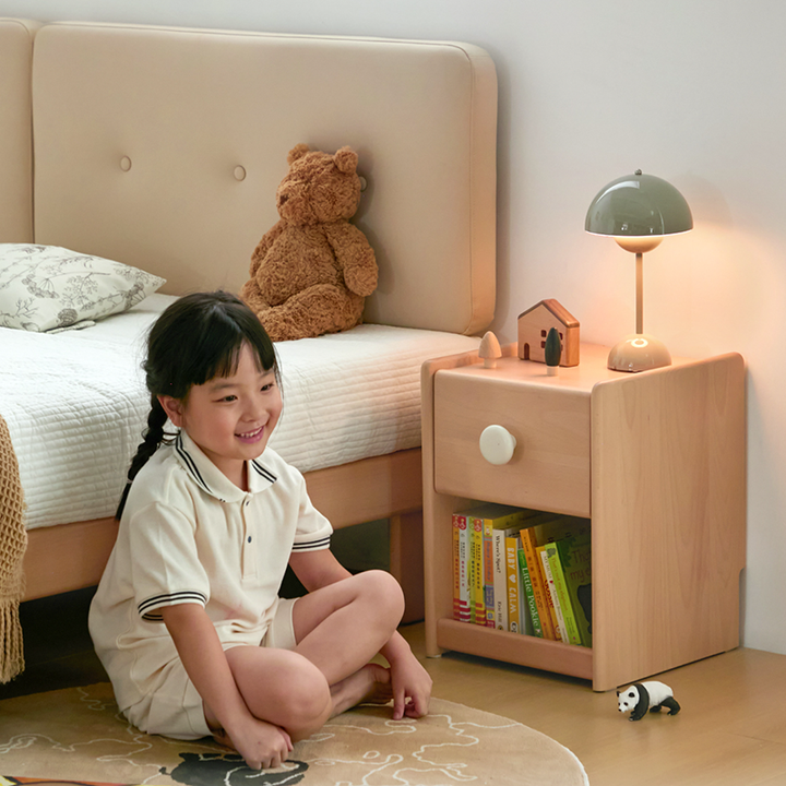 Eco-Friendly Kids Bedside Table - Traditional Japanese Beech Wood Multi-Layer Storage Nightstand 1-Drawer For Bedroom