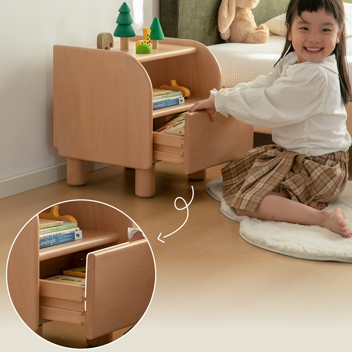 Premium Minimalist Kids Bedside Cabinet - Sturdy Beech Wood &amp; Heavy-Duty Drawer Slides Nightstand 1-Drawer For Bedroom