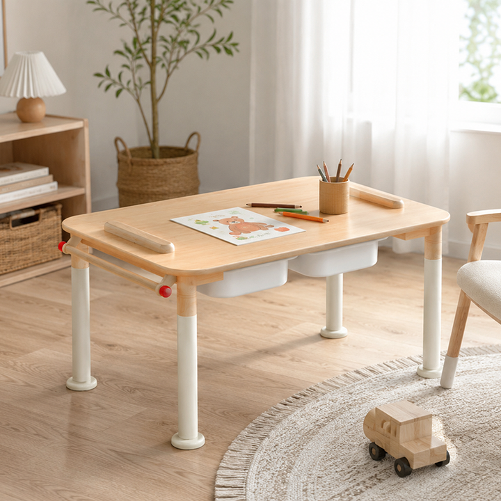 Minimalist Beech Wood Kids Play Table - Adjustable Height &amp; Rounded Edge Safety Design Desk For Study