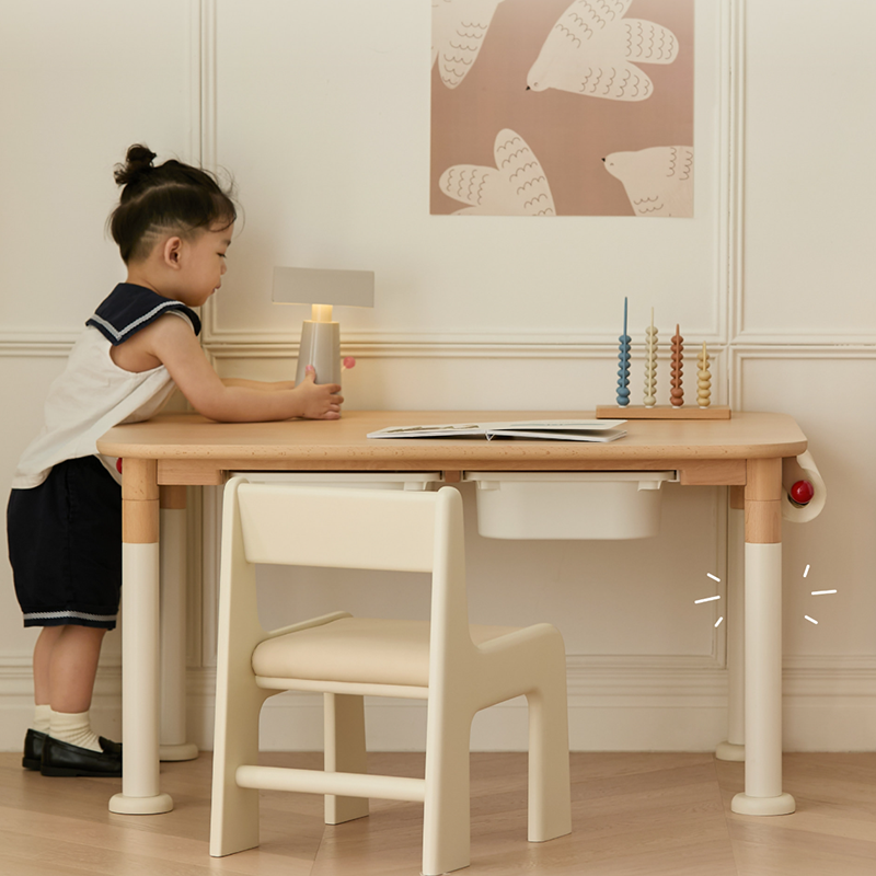 Minimalist Beech Wood Kids Play Table - Adjustable Height &amp; Rounded Edge Safety Design Desk For Study