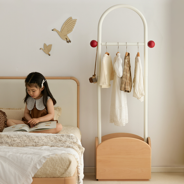 Space-Saving Kids Wardrobe Stand - Adjustable Carbon Steel Frame & Beech Wood Base Hall Tree For Entryway & Hallway
