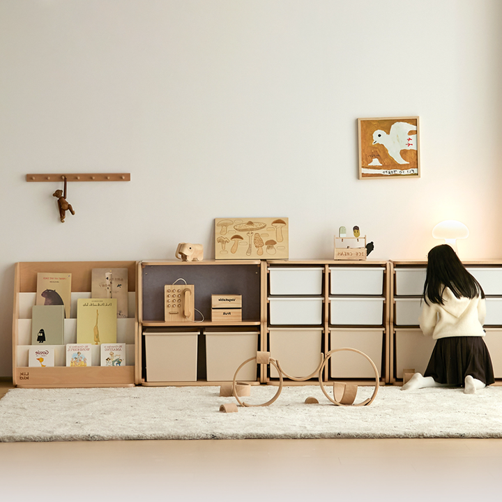 Japanese-Inspired Beech Storage Cabinet - Removable Boxes & Rounded Edge Safety Design Kids Cabinet For Living Room & Bedroom