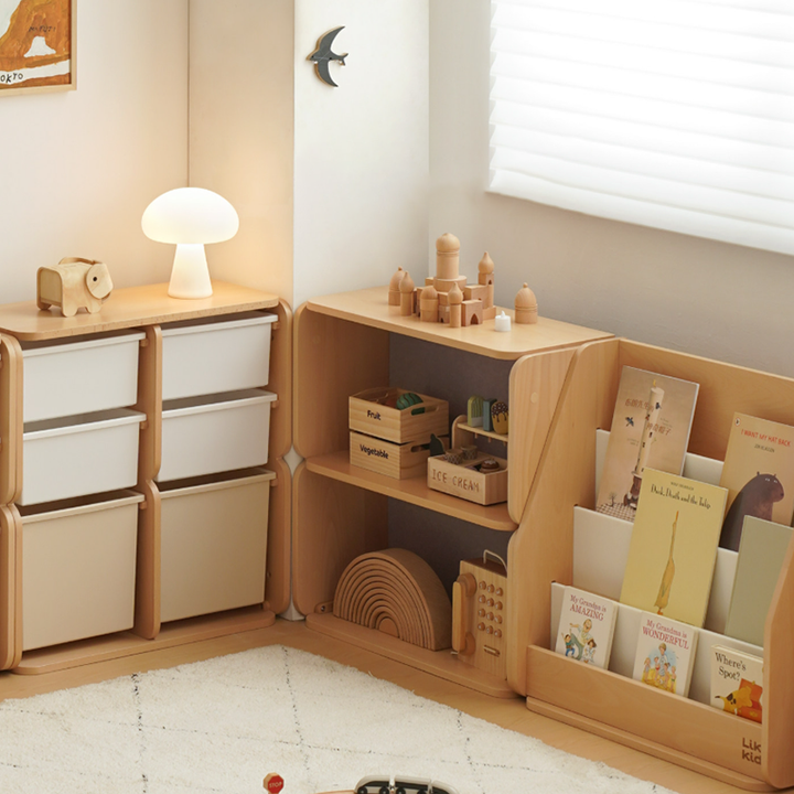 Japanese-Inspired Beech Storage Cabinet - Removable Boxes & Rounded Edge Safety Design Kids Cabinet For Living Room & Bedroom