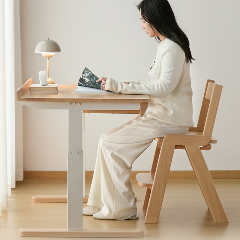 Growth-Oriented Kids Height-Adjustable Desk - Straight-Joint Beech &amp; Carbon Steel Construction Study Desk For Study